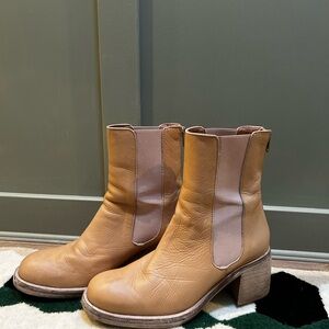 Free People Tan Ankle Booties with Chunky Heel